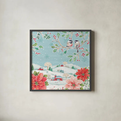 Country Poinsettias VI by Daphne Brissonnet. Shown in a sleek black glass frame for a contemporary gallery look. Available as an archival giclee rolled canvas, fine art paper, or poster print. SKU 46268a.