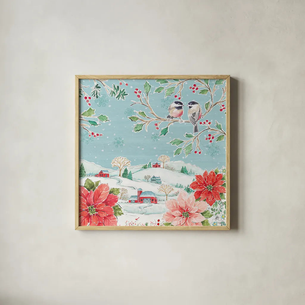 Country Poinsettias VI by Daphne Brissonnet. Shown in a natural wood glass frame for a timeless modern aesthetic. Available as an archival giclee rolled canvas, fine art paper, or poster print. SKU 46268a.