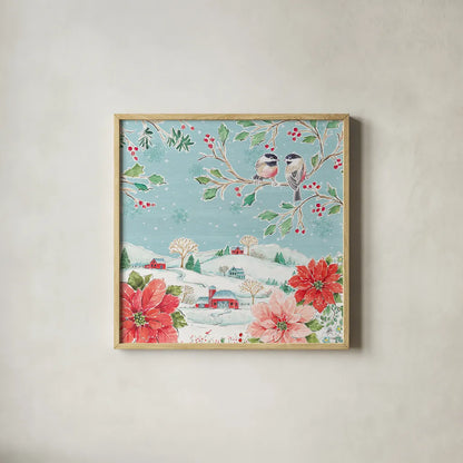 Country Poinsettias VI by Daphne Brissonnet. Shown in a natural wood glass frame for a timeless modern aesthetic. Available as an archival giclee rolled canvas, fine art paper, or poster print. SKU 46268a.