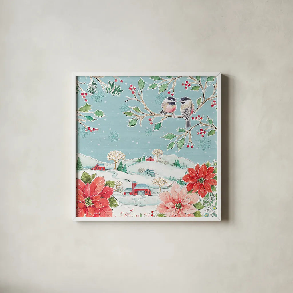 Country Poinsettias VI by Daphne Brissonnet. Shown in a crisp white glass frame for a clean and minimalist style. Available as an archival giclee rolled canvas, fine art paper, or poster print. SKU 46268a.