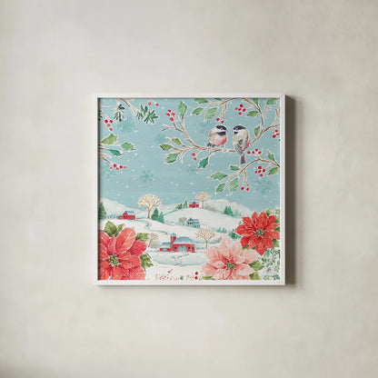 Country Poinsettias VI by Daphne Brissonnet. Shown in a crisp white glass frame for a clean and minimalist style. Available as an archival giclee rolled canvas, fine art paper, or poster print. SKU 46268a.