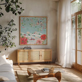 Country Poinsettias VI by Daphne Brissonnet. Shown in a natural wood frame in a cozy modern living room. Available as an archival giclee rolled canvas, fine art paper, or poster print. SKU 46268a.