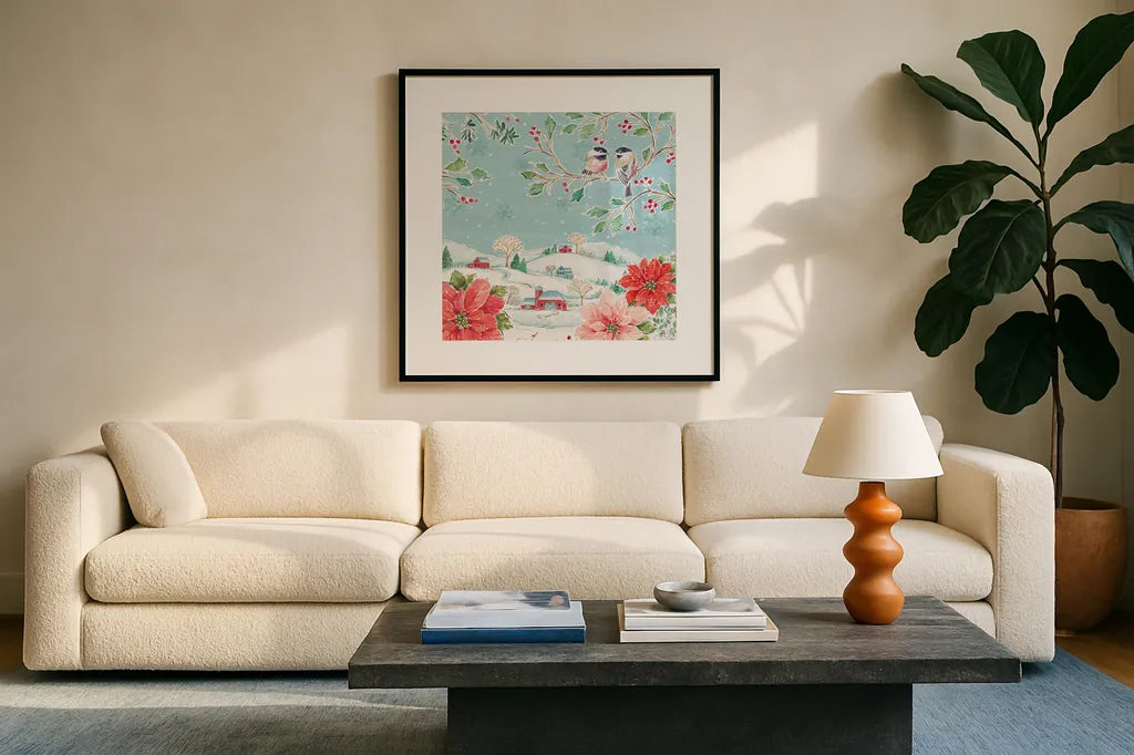 Country Poinsettias VI by Daphne Brissonnet. Displayed in a glass frame with matte in a clean modern living room. Available as an archival giclee rolled canvas, fine art paper, or poster print. SKU 46268a.