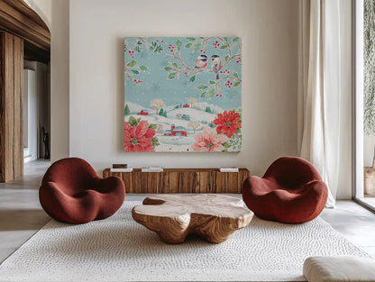 Country Poinsettias VI by Daphne Brissonnet. Shown as extra-large giant wall art in a modern living room. Available as an archival giclee rolled canvas, fine art paper, or poster print. SKU 46268a.
