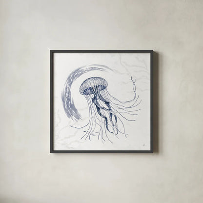 Delicate Sea IV Indigo by Daphne Brissonnet. Shown in a sleek black glass frame for a contemporary gallery look. Available as an archival giclee rolled canvas, fine art paper, or poster print. SKU 79310a.
