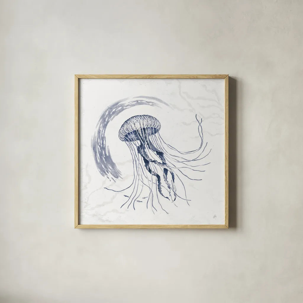 Delicate Sea IV Indigo by Daphne Brissonnet. Shown in a natural wood glass frame for a timeless modern aesthetic. Available as an archival giclee rolled canvas, fine art paper, or poster print. SKU 79310a.
