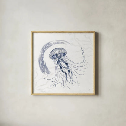 Delicate Sea IV Indigo by Daphne Brissonnet. Shown in a natural wood glass frame for a timeless modern aesthetic. Available as an archival giclee rolled canvas, fine art paper, or poster print. SKU 79310a.