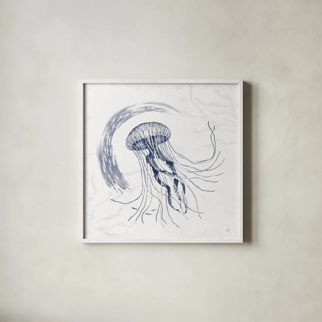 Delicate Sea IV Indigo by Daphne Brissonnet. Shown in a crisp white glass frame for a clean and minimalist style. Available as an archival giclee rolled canvas, fine art paper, or poster print. SKU 79310a.