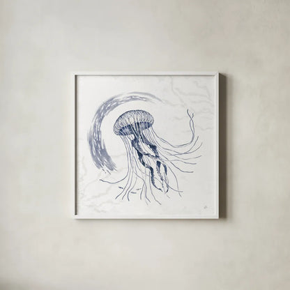 Delicate Sea IV Indigo by Daphne Brissonnet. Shown in a crisp white glass frame for a clean and minimalist style. Available as an archival giclee rolled canvas, fine art paper, or poster print. SKU 79310a.