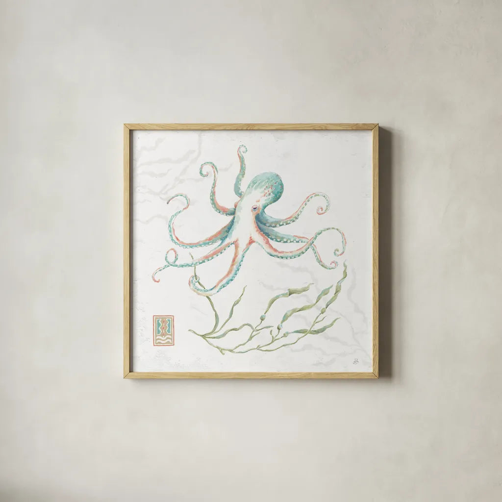 Delicate Sea V by Daphne Brissonnet. Shown in a natural wood glass frame for a timeless modern aesthetic. Available as an archival giclee rolled canvas, fine art paper, or poster print. SKU 74695a.