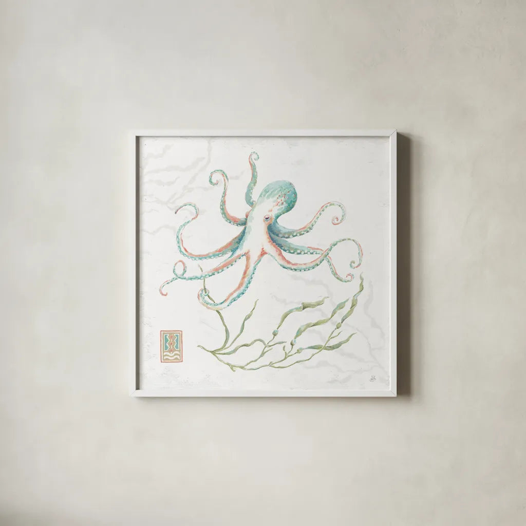 Delicate Sea V by Daphne Brissonnet. Shown in a crisp white glass frame for a clean and minimalist style. Available as an archival giclee rolled canvas, fine art paper, or poster print. SKU 74695a.