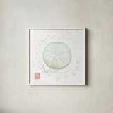 Delicate Sea VI by Daphne Brissonnet. Shown in a crisp white glass frame for a clean and minimalist style. Available as an archival giclee rolled canvas, fine art paper, or poster print. SKU 74696a.