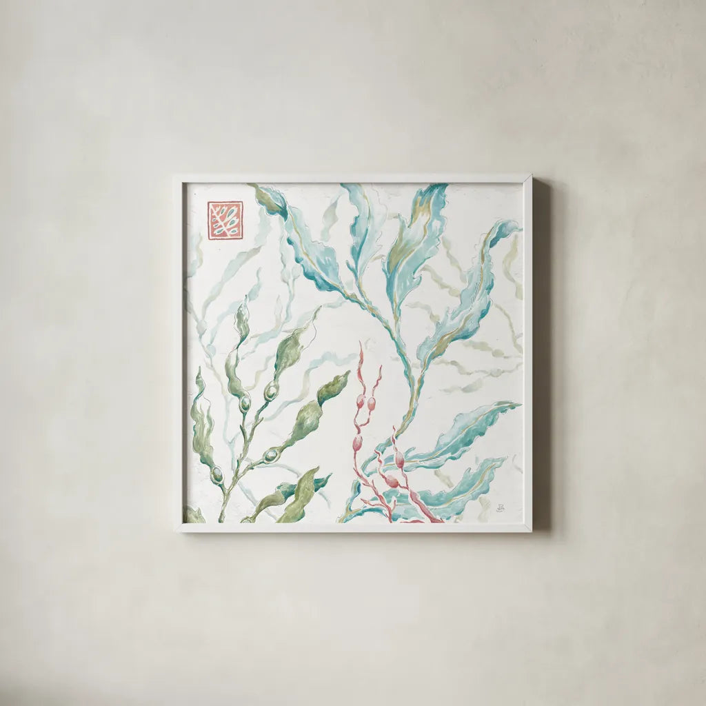 Delicate Sea X by Daphne Brissonnet. Shown in a crisp white glass frame for a clean and minimalist style. Available as an archival giclee rolled canvas, fine art paper, or poster print. SKU 74700a.
