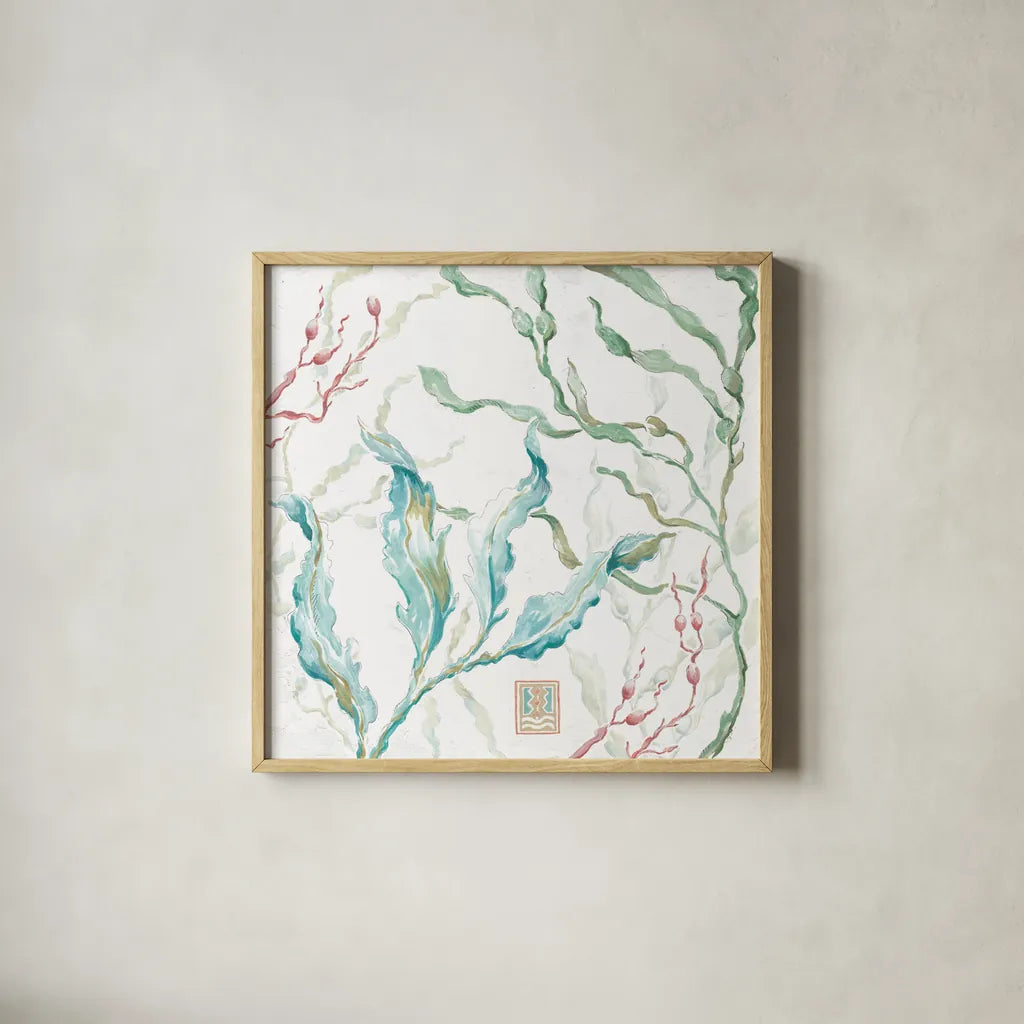 Delicate Sea XI by Daphne Brissonnet. Shown in a natural wood glass frame for a timeless modern aesthetic. Available as an archival giclee rolled canvas, fine art paper, or poster print. SKU 74701a.