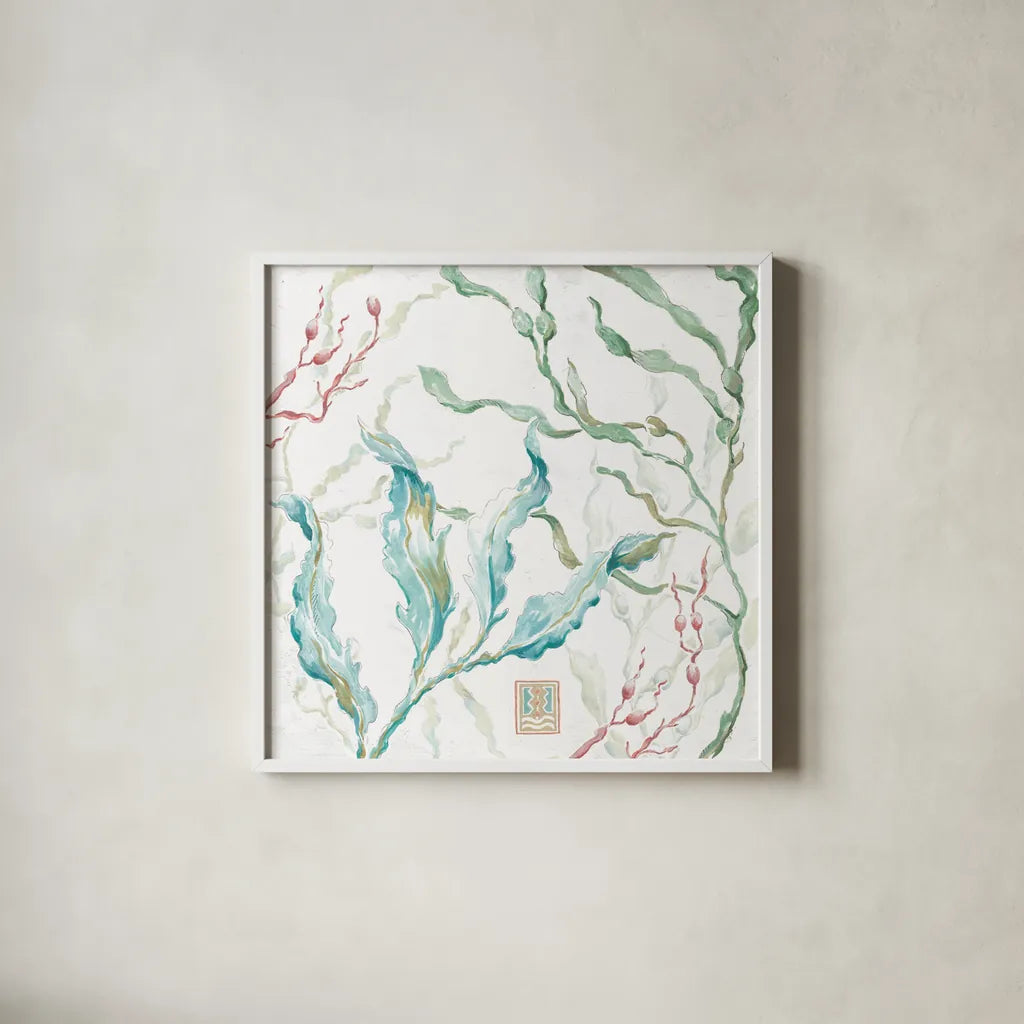 Delicate Sea XI by Daphne Brissonnet. Shown in a crisp white glass frame for a clean and minimalist style. Available as an archival giclee rolled canvas, fine art paper, or poster print. SKU 74701a.