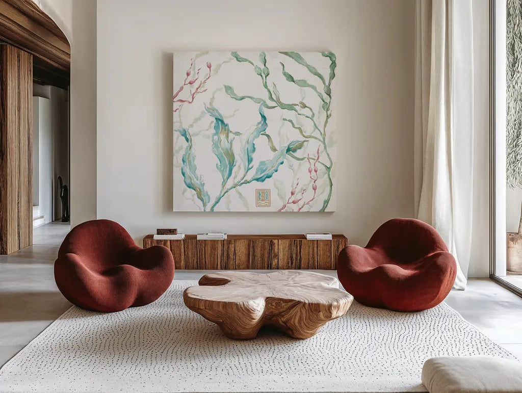 Delicate Sea XI by Daphne Brissonnet. Shown as extra-large giant wall art in a modern living room. Available as an archival giclee rolled canvas, fine art paper, or poster print. SKU 74701a.