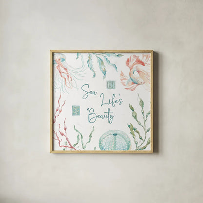 Delicate Sea XII by Daphne Brissonnet. Shown in a natural wood glass frame for a timeless modern aesthetic. Available as an archival giclee rolled canvas, fine art paper, or poster print. SKU 74702a.