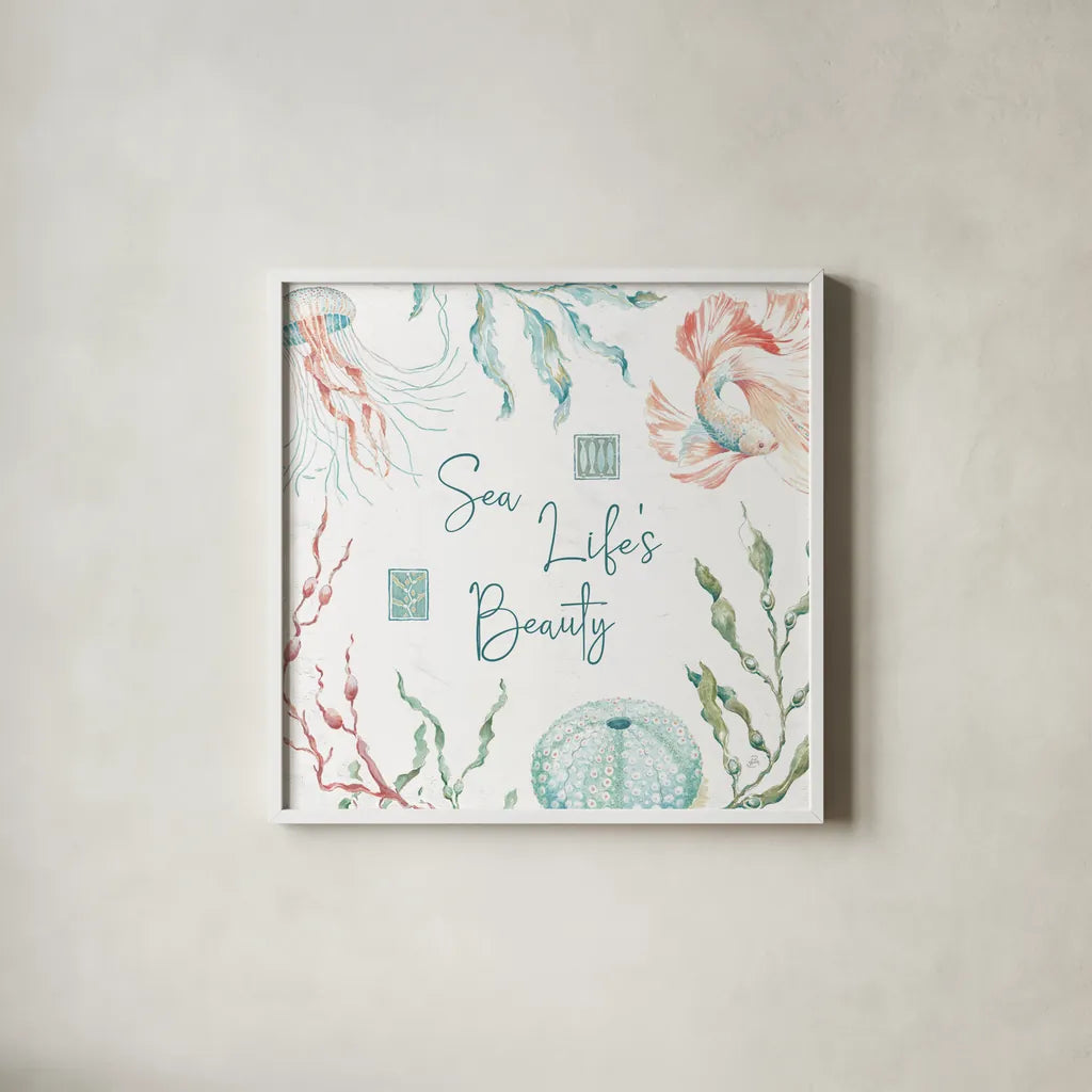 Delicate Sea XII by Daphne Brissonnet. Shown in a crisp white glass frame for a clean and minimalist style. Available as an archival giclee rolled canvas, fine art paper, or poster print. SKU 74702a.