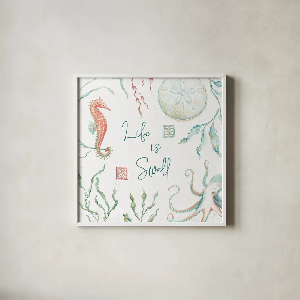 Delicate Sea XIII by Daphne Brissonnet. Shown in a crisp white glass frame for a clean and minimalist style. Available as an archival giclee rolled canvas, fine art paper, or poster print. SKU 74703a.