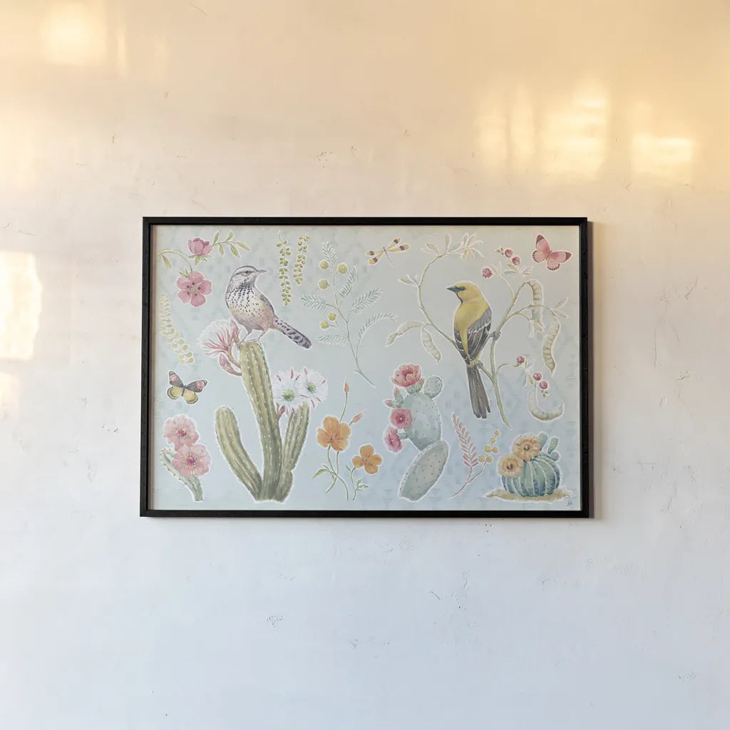 Desert Beauties I Aqua by Daphne Brissonnet. shown as a paper print in a black flame. Available as a archival giclee rolled canvas, fine art paper, or poster print. SKU 65782i.