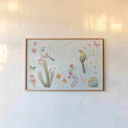 Desert Beauties I Aqua by Daphne Brissonnet. shown as a paper print in a natural frame. Available as a archival giclee rolled canvas, fine art paper, or poster print. SKU 65782i.