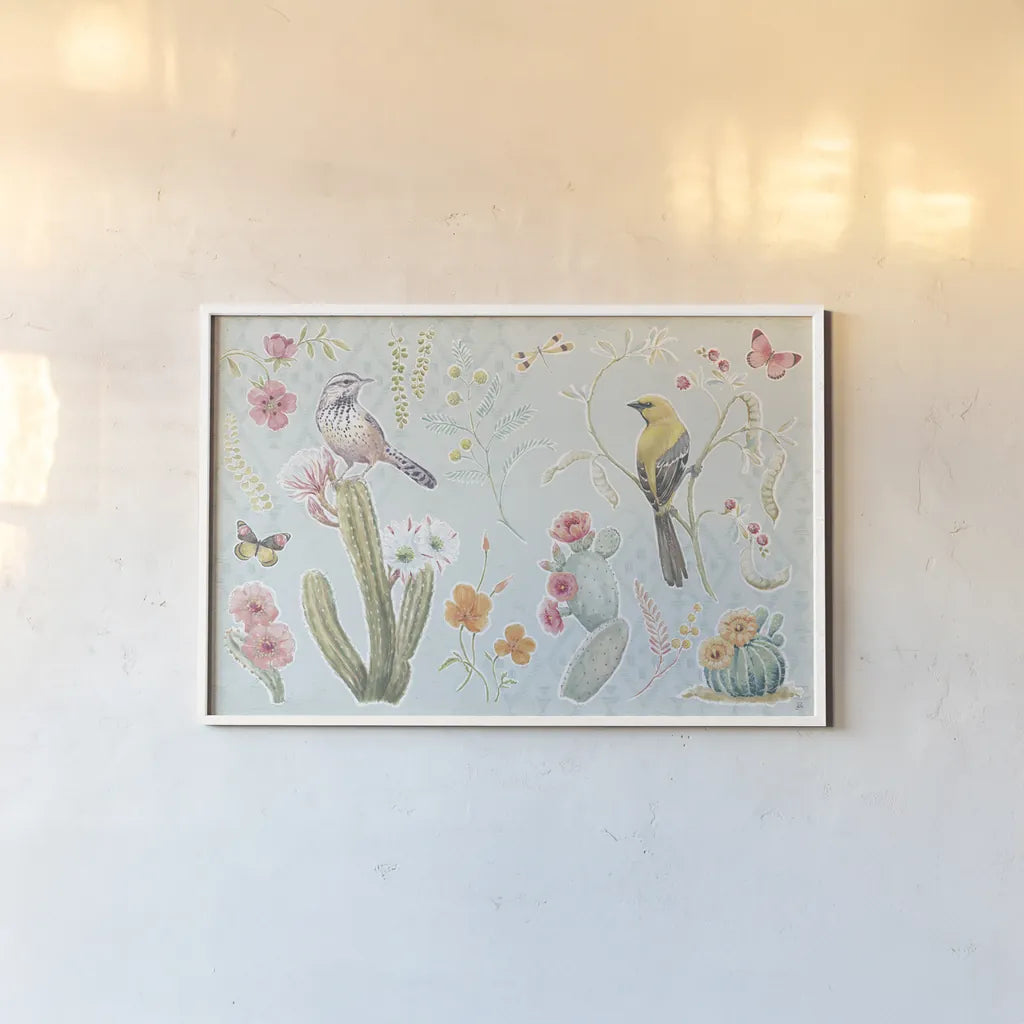 Desert Beauties I Aqua by Daphne Brissonnet. shown as a paper print in a white frame. Available as a archival giclee rolled canvas, fine art paper, or poster print. SKU 65782i.