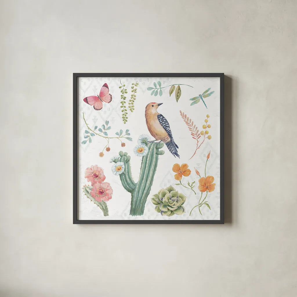 Desert Beauties II by Daphne Brissonnet. Shown in a sleek black glass frame for a contemporary gallery look. Available as an archival giclee rolled canvas, fine art paper, or poster print. SKU 65726a.