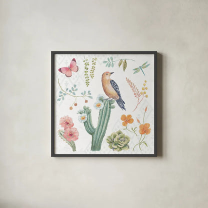 Desert Beauties II by Daphne Brissonnet. Shown in a sleek black glass frame for a contemporary gallery look. Available as an archival giclee rolled canvas, fine art paper, or poster print. SKU 65726a.