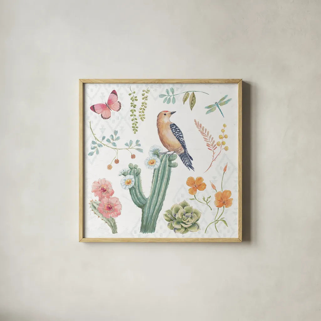 Desert Beauties II by Daphne Brissonnet. Shown in a natural wood glass frame for a timeless modern aesthetic. Available as an archival giclee rolled canvas, fine art paper, or poster print. SKU 65726a.
