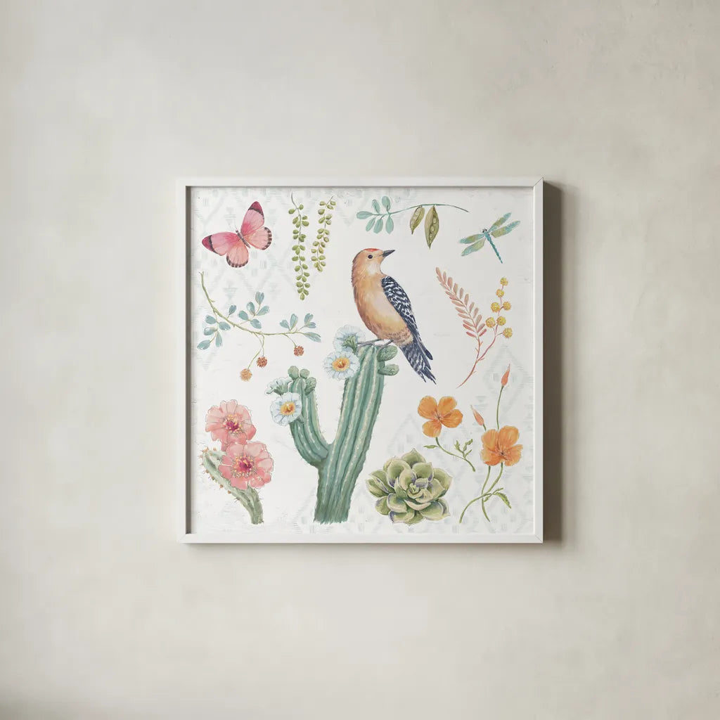 Desert Beauties II by Daphne Brissonnet. Shown in a crisp white glass frame for a clean and minimalist style. Available as an archival giclee rolled canvas, fine art paper, or poster print. SKU 65726a.