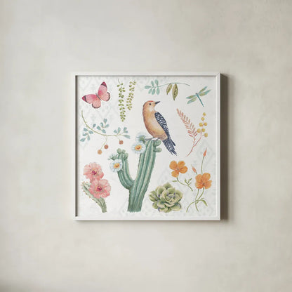 Desert Beauties II by Daphne Brissonnet. Shown in a crisp white glass frame for a clean and minimalist style. Available as an archival giclee rolled canvas, fine art paper, or poster print. SKU 65726a.