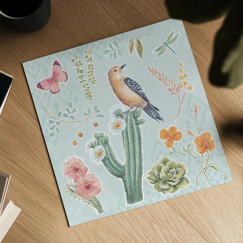 Desert Beauties II Aqua by Daphne Brissonnet. Shown as a detailed flat fine art print, highlighting archival giclee quality. Available as an archival giclee rolled canvas, fine art paper, or poster print. SKU 65783a.