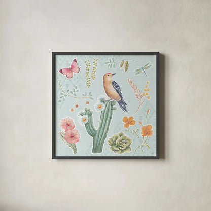 Desert Beauties II Aqua by Daphne Brissonnet. Shown in a sleek black glass frame for a contemporary gallery look. Available as an archival giclee rolled canvas, fine art paper, or poster print. SKU 65783a.