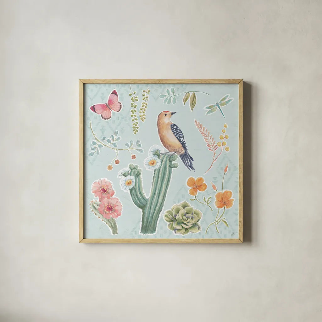 Desert Beauties II Aqua by Daphne Brissonnet. Shown in a natural wood glass frame for a timeless modern aesthetic. Available as an archival giclee rolled canvas, fine art paper, or poster print. SKU 65783a.