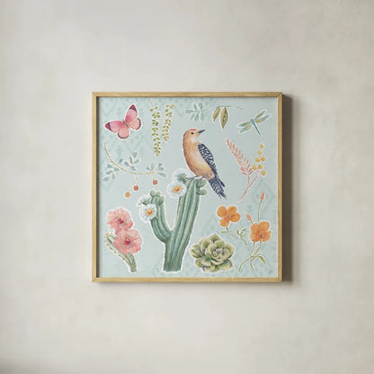 Desert Beauties II Aqua by Daphne Brissonnet. Shown in a natural wood glass frame for a timeless modern aesthetic. Available as an archival giclee rolled canvas, fine art paper, or poster print. SKU 65783a.