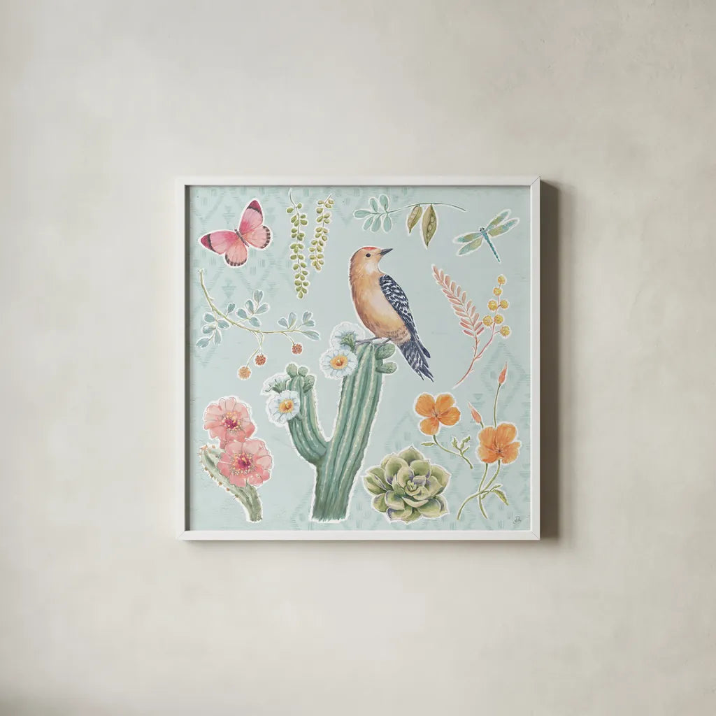 Desert Beauties II Aqua by Daphne Brissonnet. Shown in a crisp white glass frame for a clean and minimalist style. Available as an archival giclee rolled canvas, fine art paper, or poster print. SKU 65783a.