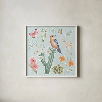 Desert Beauties II Aqua by Daphne Brissonnet. Shown in a crisp white glass frame for a clean and minimalist style. Available as an archival giclee rolled canvas, fine art paper, or poster print. SKU 65783a.