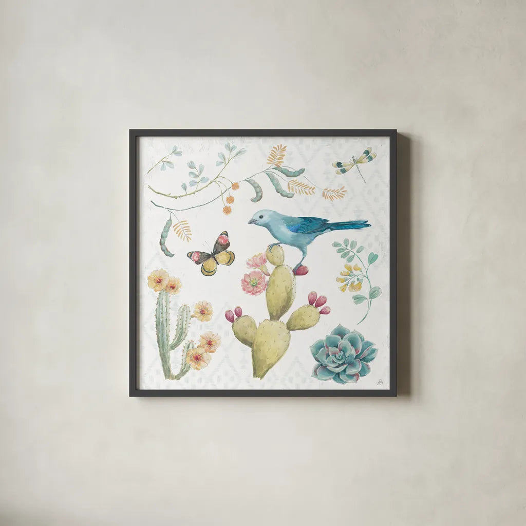 Desert Beauties III by Daphne Brissonnet. Shown in a sleek black glass frame for a contemporary gallery look. Available as an archival giclee rolled canvas, fine art paper, or poster print. SKU 65727a.