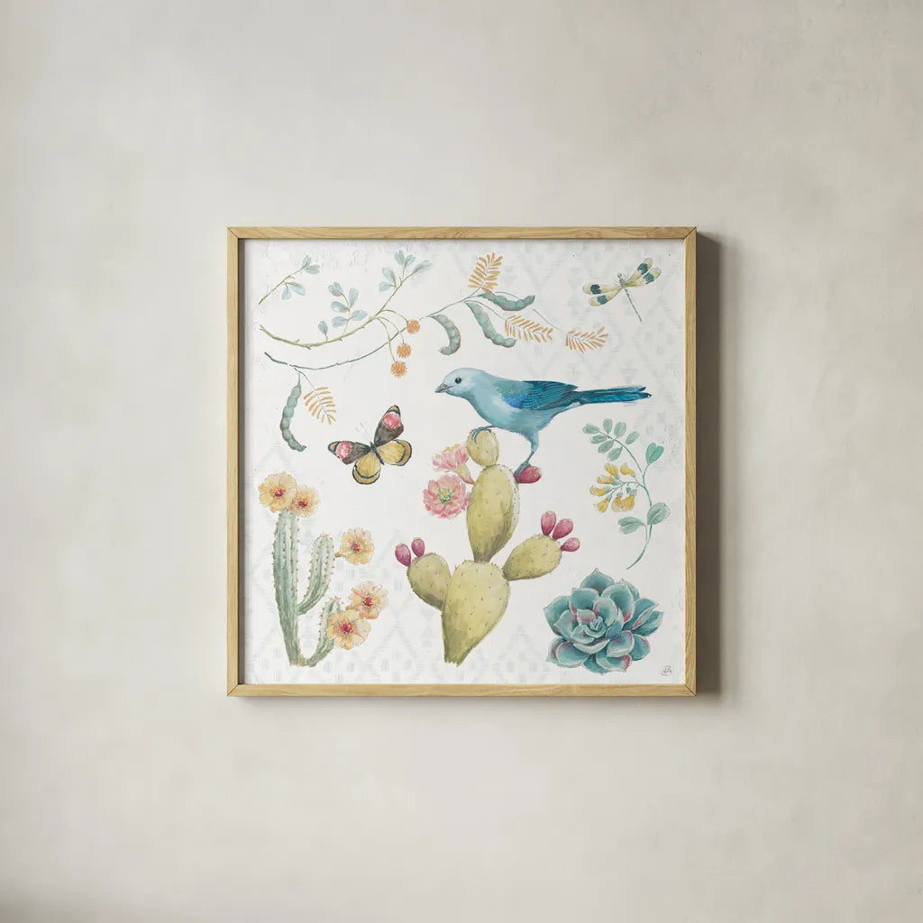 Desert Beauties III by Daphne Brissonnet. Shown in a natural wood glass frame for a timeless modern aesthetic. Available as an archival giclee rolled canvas, fine art paper, or poster print. SKU 65727a.