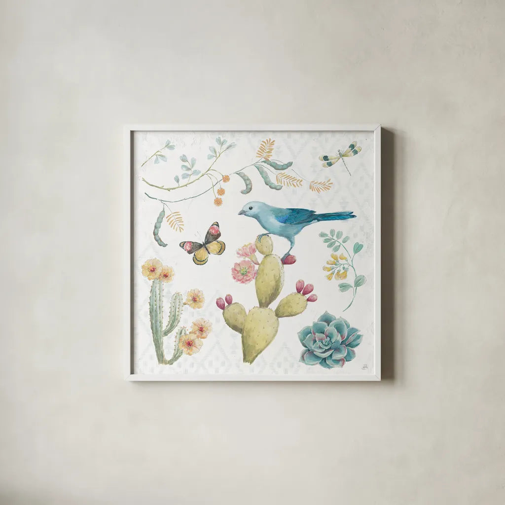 Desert Beauties III by Daphne Brissonnet. Shown in a crisp white glass frame for a clean and minimalist style. Available as an archival giclee rolled canvas, fine art paper, or poster print. SKU 65727a.