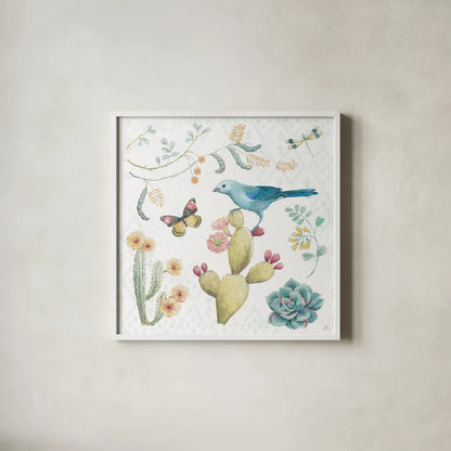 Desert Beauties III by Daphne Brissonnet. Shown in a crisp white glass frame for a clean and minimalist style. Available as an archival giclee rolled canvas, fine art paper, or poster print. SKU 65727a.