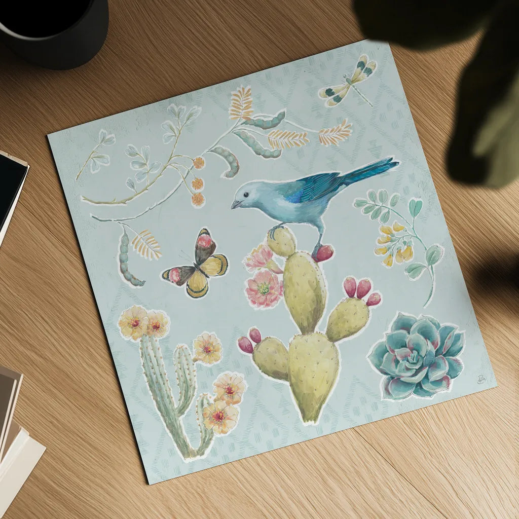 Desert Beauties III Aqua by Daphne Brissonnet. Shown as a detailed flat fine art print, highlighting archival giclee quality. Available as an archival giclee rolled canvas, fine art paper, or poster print. SKU 65784a.