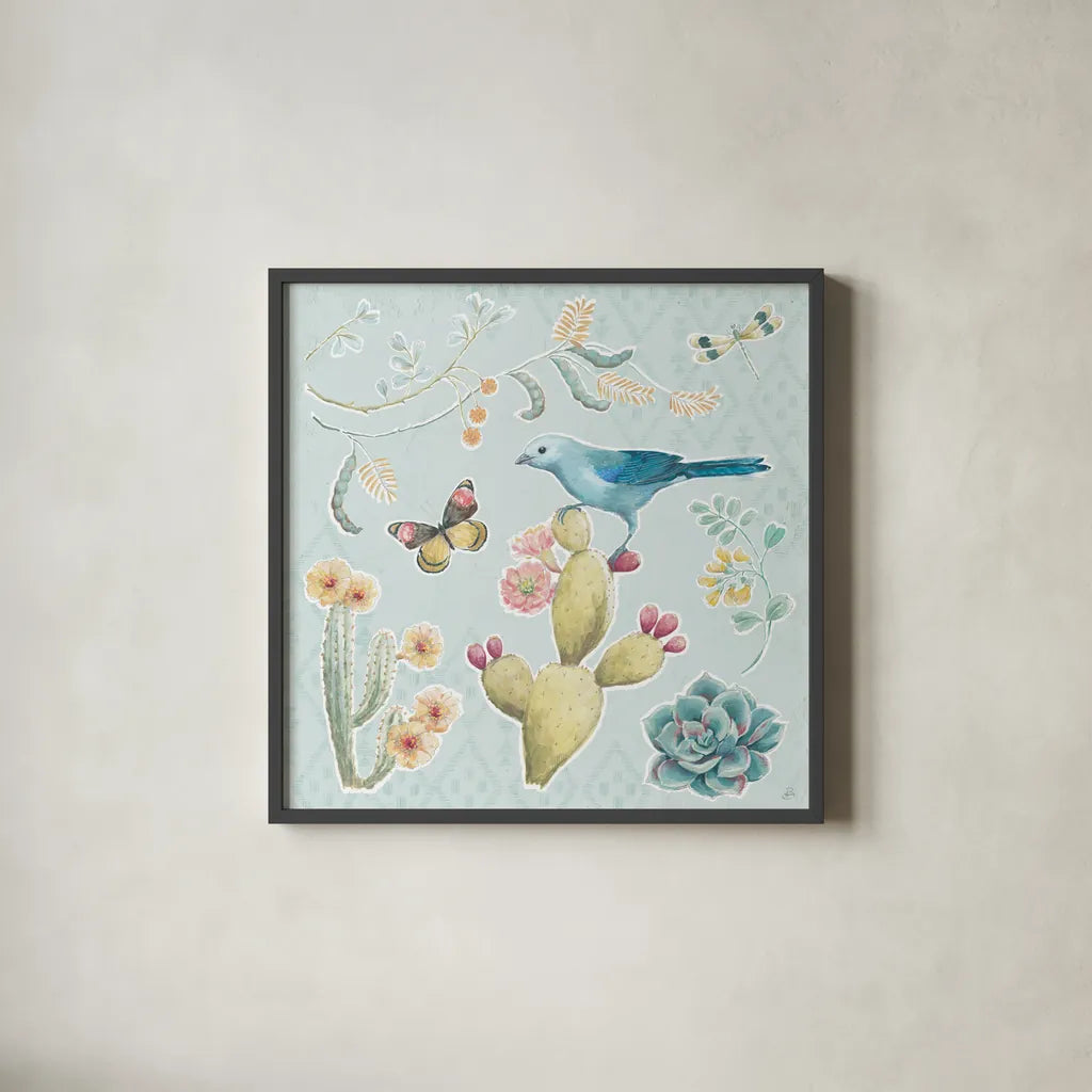 Desert Beauties III Aqua by Daphne Brissonnet. Shown in a sleek black glass frame for a contemporary gallery look. Available as an archival giclee rolled canvas, fine art paper, or poster print. SKU 65784a.