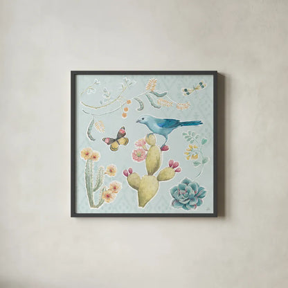 Desert Beauties III Aqua by Daphne Brissonnet. Shown in a sleek black glass frame for a contemporary gallery look. Available as an archival giclee rolled canvas, fine art paper, or poster print. SKU 65784a.