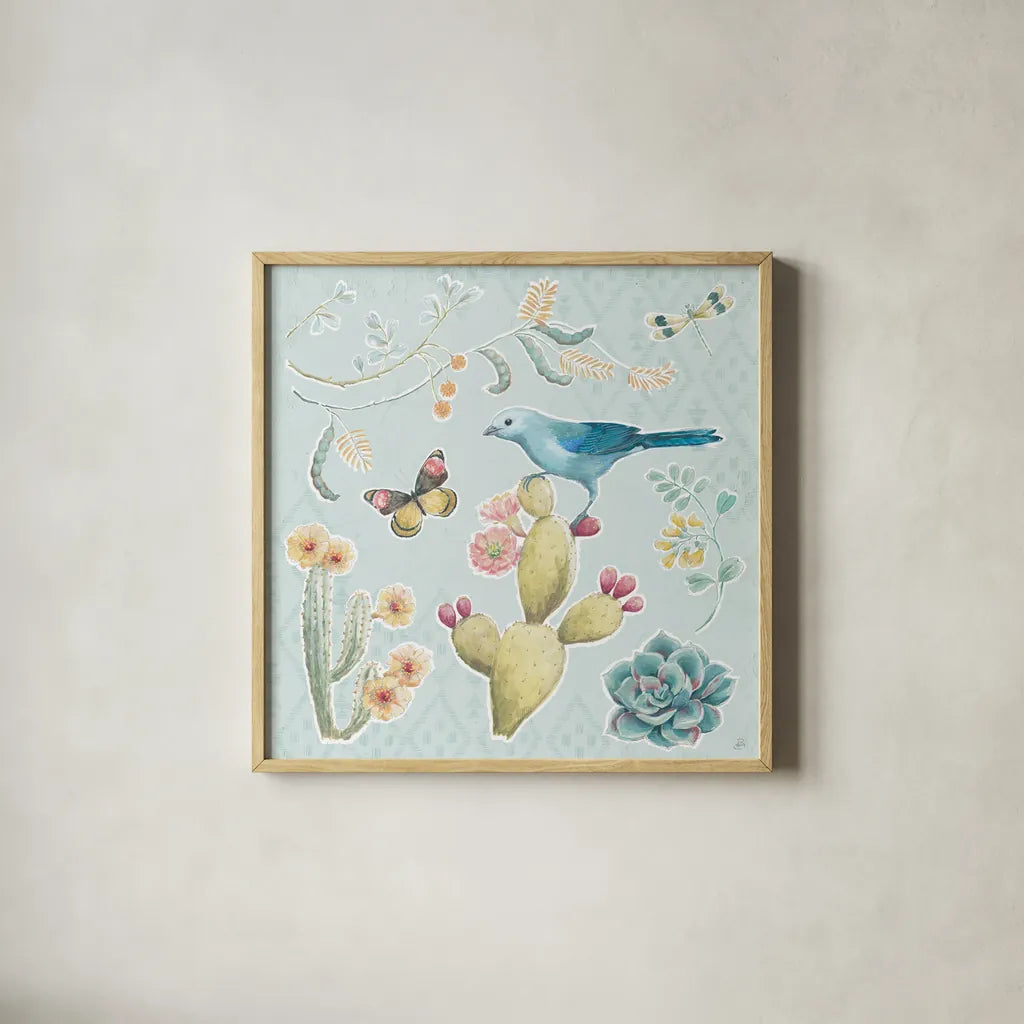 Desert Beauties III Aqua by Daphne Brissonnet. Shown in a natural wood glass frame for a timeless modern aesthetic. Available as an archival giclee rolled canvas, fine art paper, or poster print. SKU 65784a.