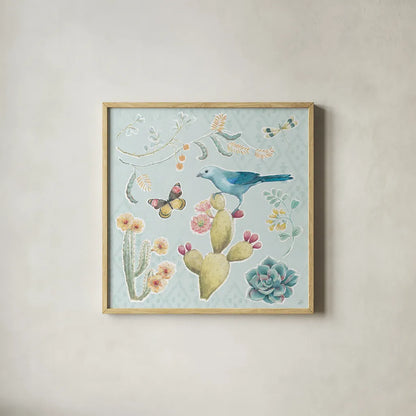 Desert Beauties III Aqua by Daphne Brissonnet. Shown in a natural wood glass frame for a timeless modern aesthetic. Available as an archival giclee rolled canvas, fine art paper, or poster print. SKU 65784a.