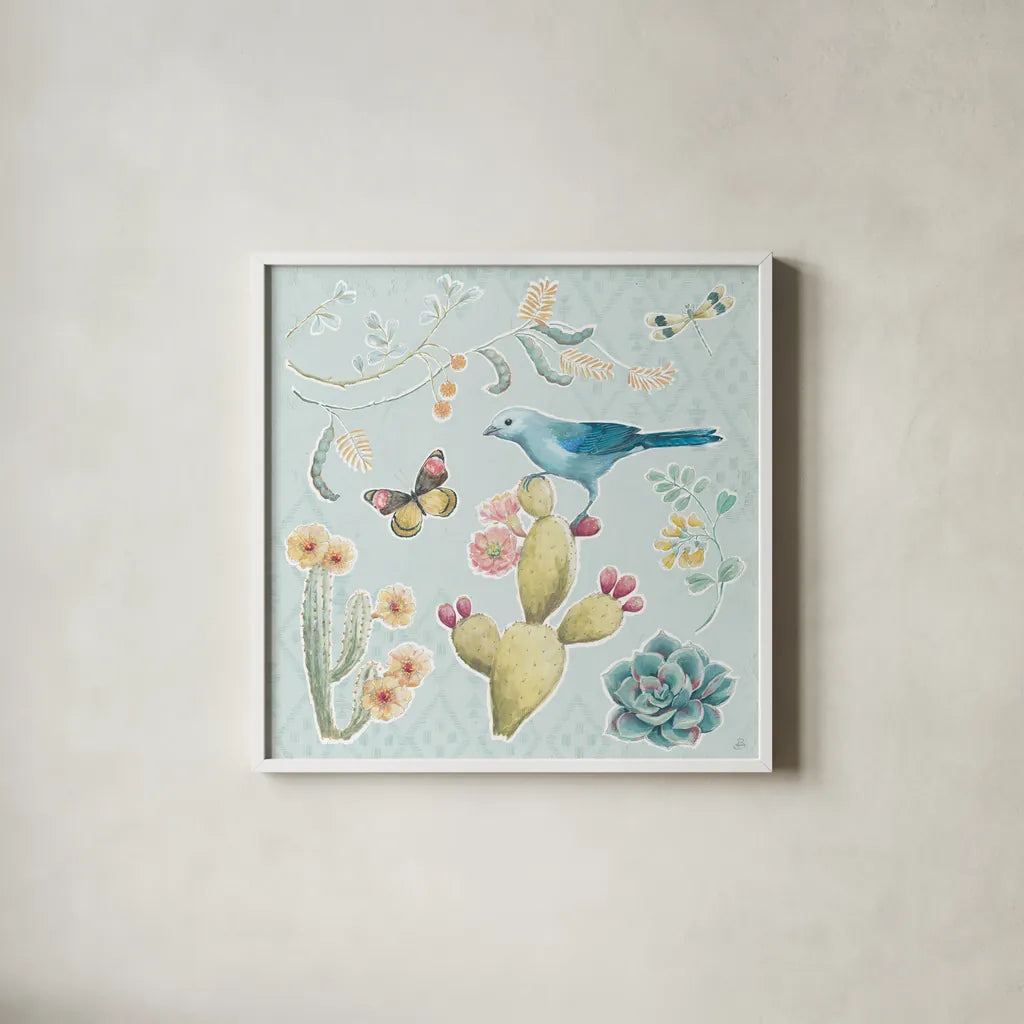 Desert Beauties III Aqua by Daphne Brissonnet. Shown in a crisp white glass frame for a clean and minimalist style. Available as an archival giclee rolled canvas, fine art paper, or poster print. SKU 65784a.