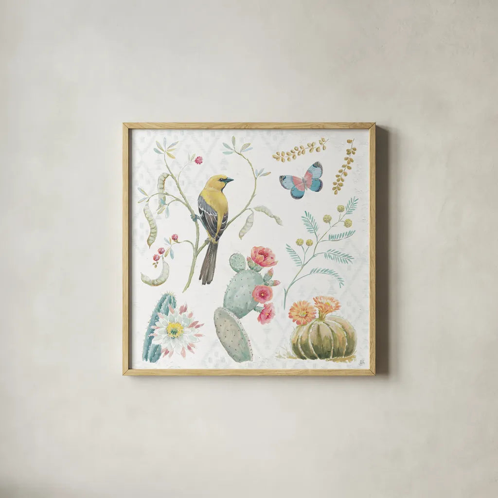 Desert Beauties IV by Daphne Brissonnet. Shown in a natural wood glass frame for a timeless modern aesthetic. Available as an archival giclee rolled canvas, fine art paper, or poster print. SKU 65728a.