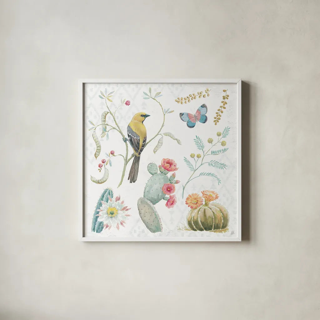 Desert Beauties IV by Daphne Brissonnet. Shown in a crisp white glass frame for a clean and minimalist style. Available as an archival giclee rolled canvas, fine art paper, or poster print. SKU 65728a.