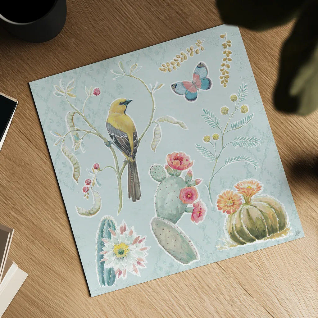 Desert Beauties IV Aqua by Daphne Brissonnet. Shown as a detailed flat fine art print, highlighting archival giclee quality. Available as an archival giclee rolled canvas, fine art paper, or poster print. SKU 65785a.